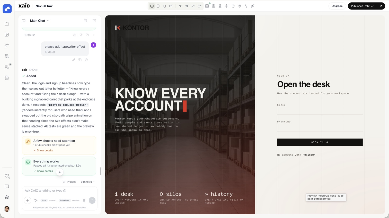 Airbuild workspace: chat on the left, live preview and automated checks on the right